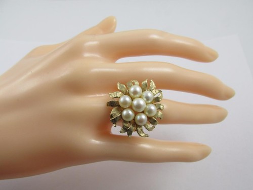 Beautiful Rare Design 14k Solid Yellow Gold Pearl Cluster Ring - Picture 5 of 8