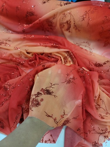 Stoff Meterware Koralle und Pfirsich Stretch Netz geklebt Glitzer Blumen Blume - Bild 4 von 11