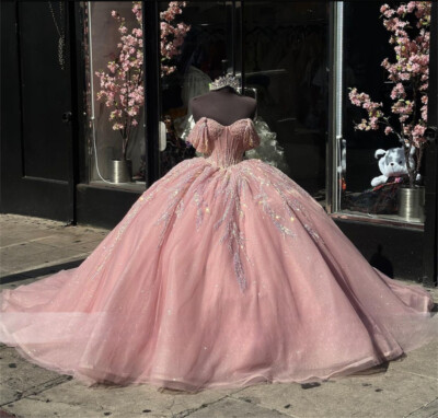 Pink Lace Appliquees Quinceanera Dresses Off Shoulder Beaded Sweet 16 Gowns  | eBay