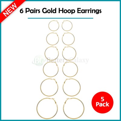 30 Pair Gold Plated Hoop Earrings Set - Hypoallergenic, Alloy, 6 Sizes, Secure Latch Back