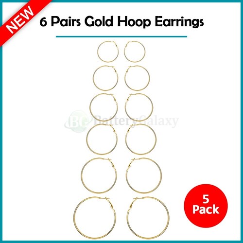 30 Pair Gold Plated Hoop Earrings Set - Hypoallergenic, Alloy, 6 Sizes, Secure Latch Back