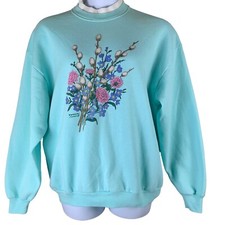 Vintage Sweatshirt Cottagecore Floral Graphic Crewneck Pullover Blue Morning Sun