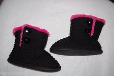Girls BLACK CABLE KNIT SLIPPERS BOOTS Pink Faux Fur S 11-12 M 13-1 L 2-3 XL 4-5