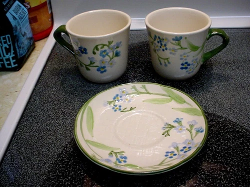 Vintage Set of 2 Cups & 1 Saucer Franciscan Pottery "Forget Me Not"
