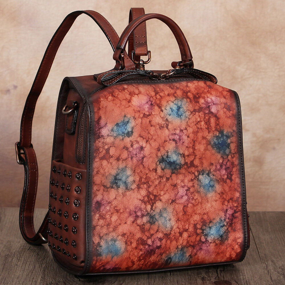 Mochila de cuero genuino para mujer pintada a mano mochila monederos mochila informal