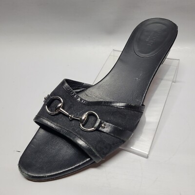 Gucci Black GG Canvas & Leather Horsebit Slide Sandals Size
