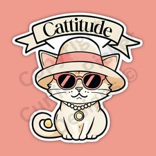 Cattitude Cat Sunglasses Hat Pearls Sassy Funny 3" Vinyl Sticker