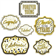Forever Young Birthday Glitter Black Gold Cutouts 6 Per Pack 7" to 12.5" Paper