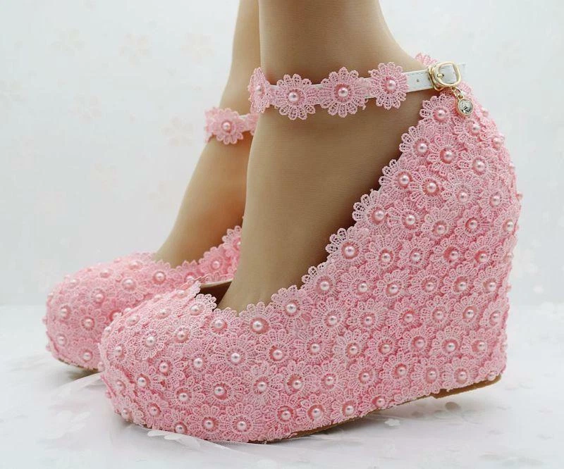 Mujer Encaje Cuña Tacón Alto Boda Tobillo Correa Punta Redonda Zapatos de Novia Foto 2 de 4