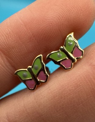 14k BAB Pink Green Enamel Butterfly Stud Earrings Screw Back 1g