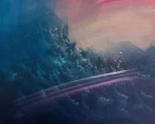 Original painting, mystical surrealist landscape, acrylic, canvas, 10x8 in.