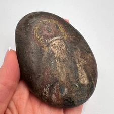 Rare 19th Hand Painted Stone Icon of Saint Nicholas Antique Religious Art Decor