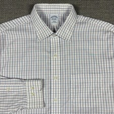 Brooks Brothers Mens Shirt 17 1/2 17.5 34 35 Long Sleeve White Blue Plaid Cotton