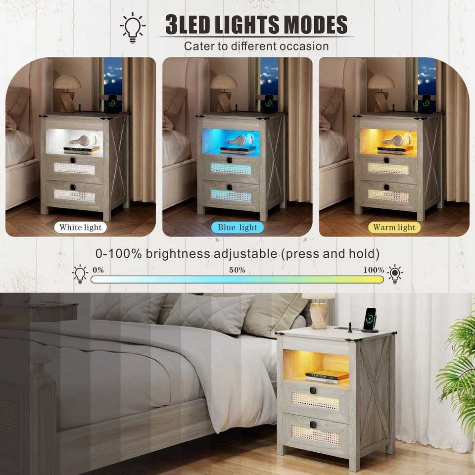 Mesita de Noche con Cajón para Pistola, Mesita de Noche con Estación de Carga y Luz LED Foto 4 de 4