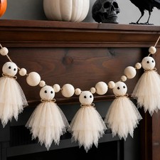 6.5Ft Halloween Ghost Garland with Wooden Bea...