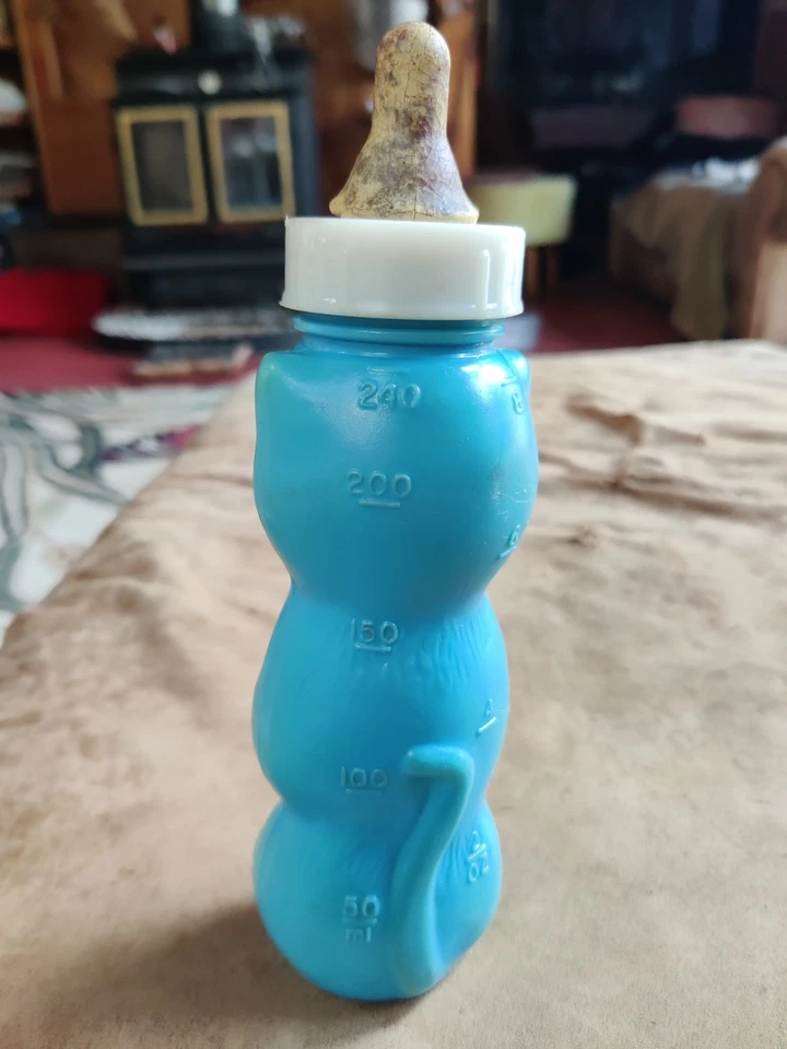 Biberón Gerber vintage plástico gato azul EE. UU. original pezón decoración infantil Foto 3 de 4