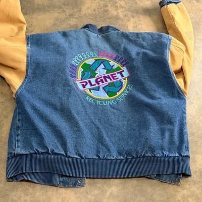 International Denim Varsity Jacket Mens XL Blue Tan Planet Recycling VTG *FLAW*