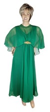 Vtg 1970s Mike Benet Formals Fairy Green Chiifon Gold Sequin Evening Gown 8