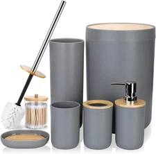 Otostar Grey Bathroom Accessories Set Bamboo Bathroom Set with Qtip Holder Soap