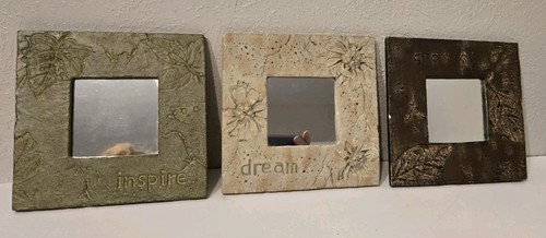 Mirror Wall Hangings DREAM GROW INSPIRE Etched Stone Rustic Garden 6x6 Set Of 3 - Picture 2 of 8