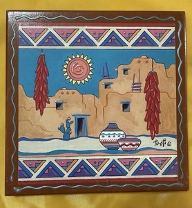Tu-oti Southwest Desert 6" Ceramic Tile Trivet Village Chili Peppers Vintage