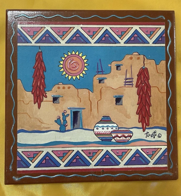 Tu-oti Southwest Desert 6" Ceramic Tile Trivet Village Chili Peppers Vintage