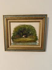 Vintage Mid-Century Oil Painting Cottage Landscape Signed Loomis 9.5x7.5