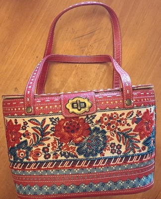 Isabella Fiore Vintage Picnic Basket Beaded Red and Blue Floral Handbag