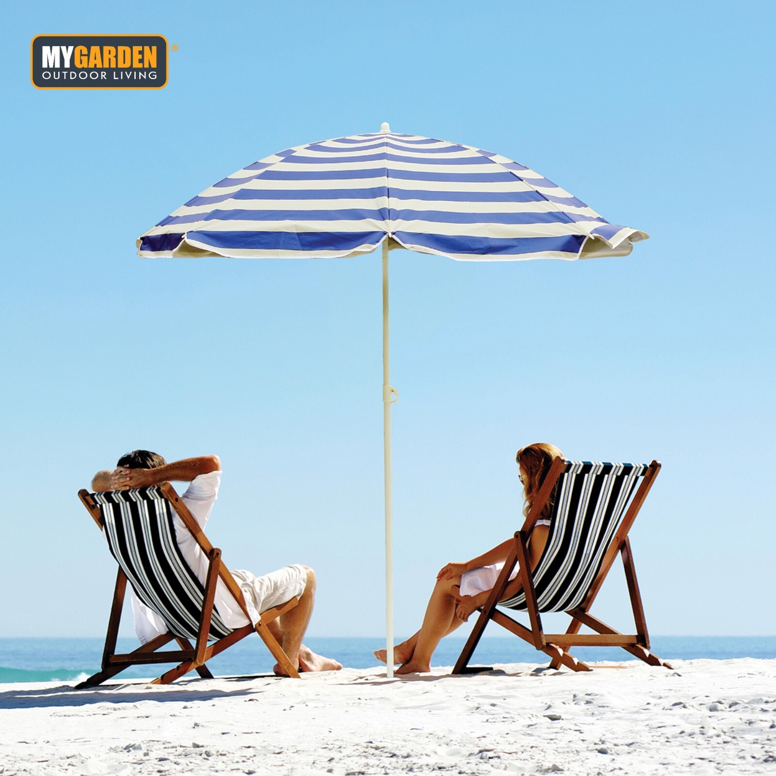 1.8M Beach Parasol Umbrella Tilting Sun Shade Garden Patio Blue White Striped