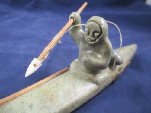 Carved Soapstone Eskimo in Canoe or Kayak-8" Long-Signed Chuck Poupart -Stone - Picture 7 of 20