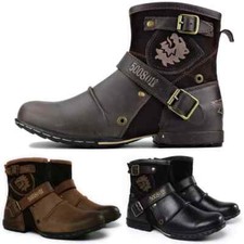 Herren Bequem Motorrad Cowboystiefel Männer Arbeit Rund Zehenriemen Biker Boot
