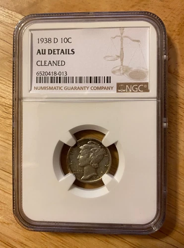 1938 D Silver Mercury Dime, NGC Graded: AU