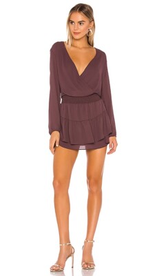 Krisa Smocked Surplice Dress Spice Purple Brown Party Cocktail XS NWOT $187