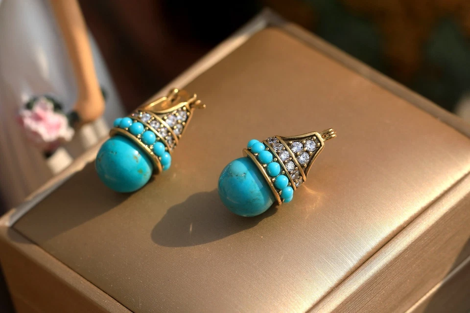 Ohrringe Schläfer Golden Fassung Aus Cz Perle Türkis Vintage Stil ET9 - Bild 3 von 4