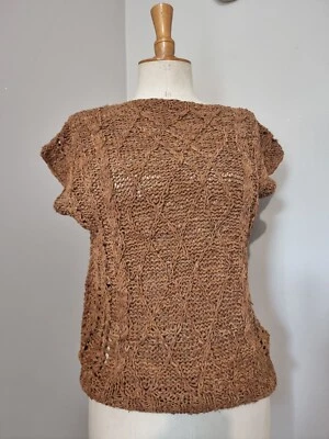 VINTAGE 80S PULL EN CUIR TRICOT MAIN MARRON MAILLE LEATHER 100% CUIR VERITABLE - Photo 1/4