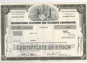 International Telephone and Telegraph Corp. 1977 Stock Certificate 10 Shares