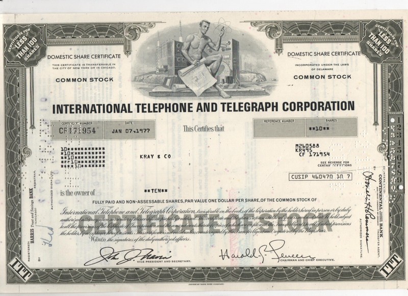 International Telephone and Telegraph Corp. 1977 Stock Certificate 10 Shares