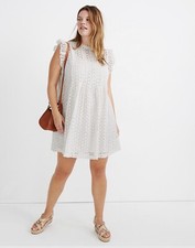 NWT MADEWELL Women's White Eyelet Ruffle-Sleeve Pintuck Mini Dress Sz Large $138