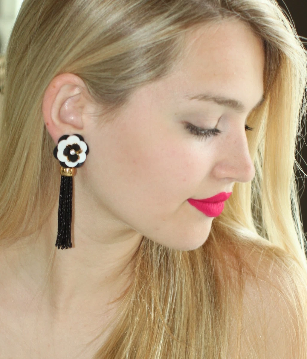 KATE SPADE NEW YORK ROSY POSIES BLACK TASSEL DROP EARRINGS NWT