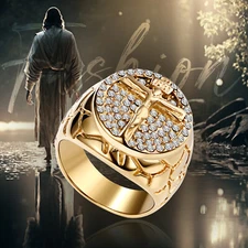 Jesus Cross Gold Plated Stainless Steel Wedding Ring CZ Religious Band for Men
