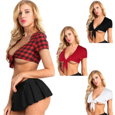 Womens Deep V Crop Tops Shrug Short Shirt Wrap Bolero Cosplay Costume Schoolgirl Womens Deep V Crop Tops Shrug Short Shirt Wrap Bolero Cosplay Costume Schoolgirl