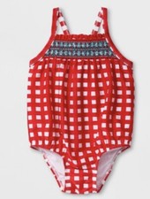 NEW Girls One Piece Swimsuit Red White Gingham Plaid Lined Cat  Jack Sz 12M