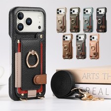 Custodia portafoglio pelle tracolla con anello per iPhone 17 Pro Max 16 15 14 13 12 11