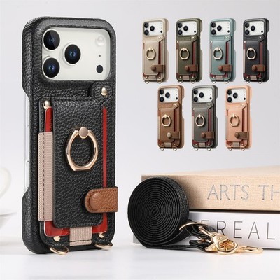 Crossbody Leather Wallet Case with Ring For iPhone 17 Pro Max 16 15 14 13 12 11