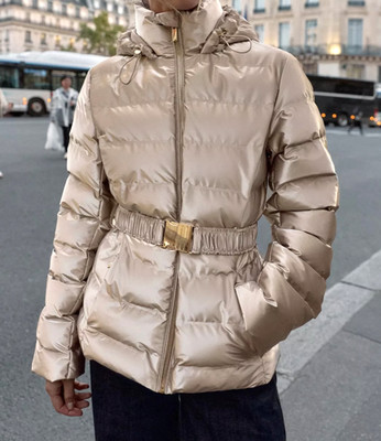 Zara Fitted Short Windproof Anorak Jacket Shiny Cava Gold M L XL