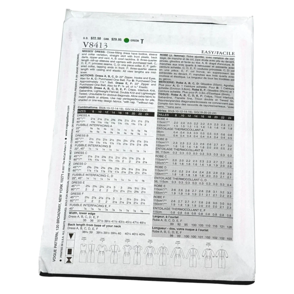 Vogue V8413 Dress Easy Options Size 8 10 12 14 16 Sewing Pattern Uncut - Image 3 of 4