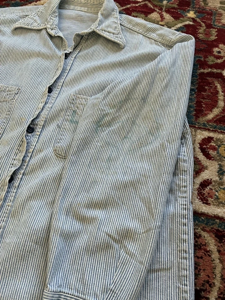 VTG Distressed Hickory Stripe Button Up Shirt Blue White Stenciled 60s 70s 21x29 - Image 4 of 4