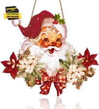 Vintage Style Santa Claus Welcome Sign - Wooden Hanging Sign for Front Door Xmas