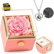Preserved Real Pink Forever Rose Rotating Box with I Love You Necklace 100 Langu