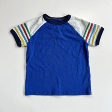 Boden Raglan T-Shirt Kids Blue Excellent Rainbow Stripe Sleeve SIZE 6-7Y